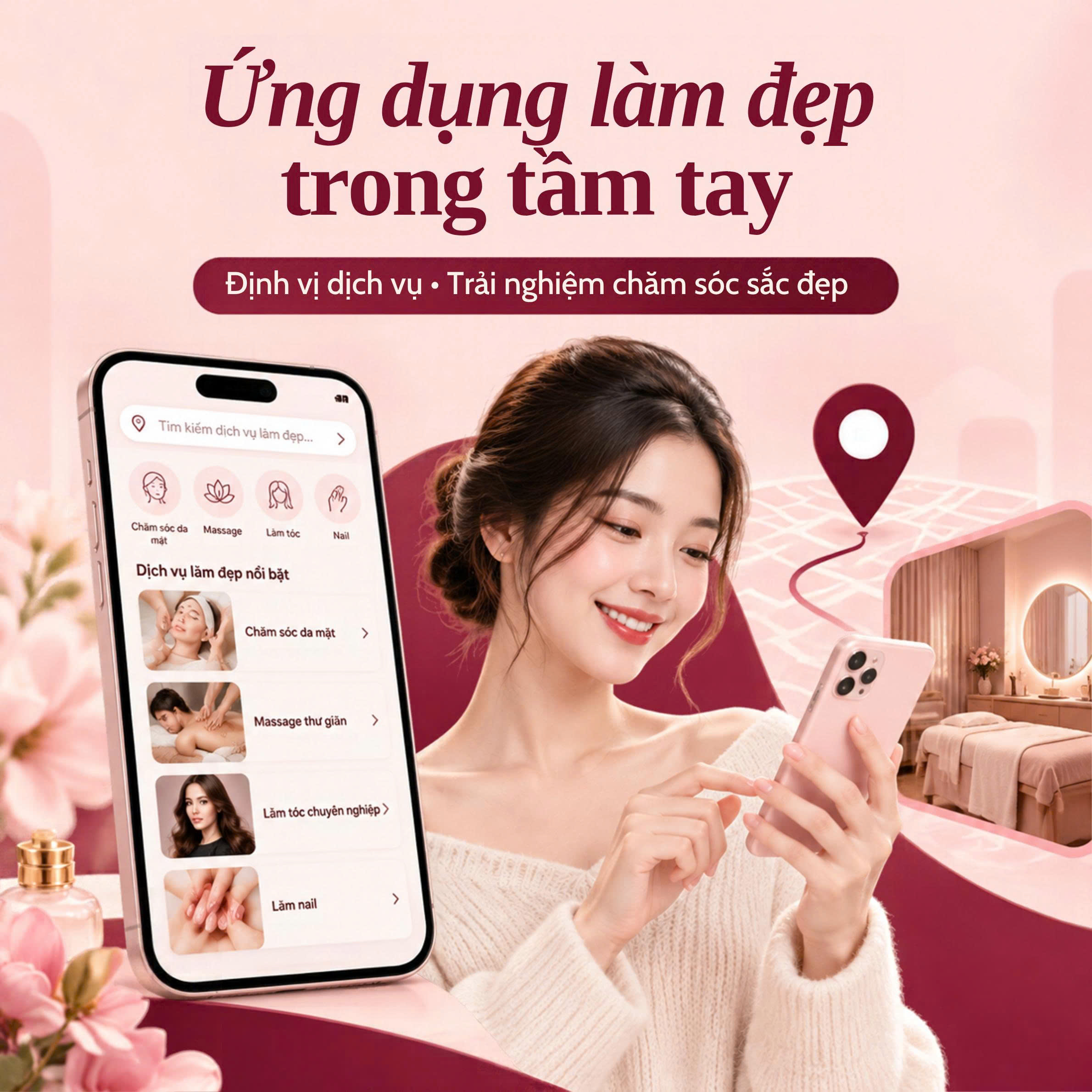 Ảnh chủ đề diadiemlamdep.vn với phong cách hiện đại, minh họa ứng dụng định vị và trải nghiệm chăm sóc sắc đẹp