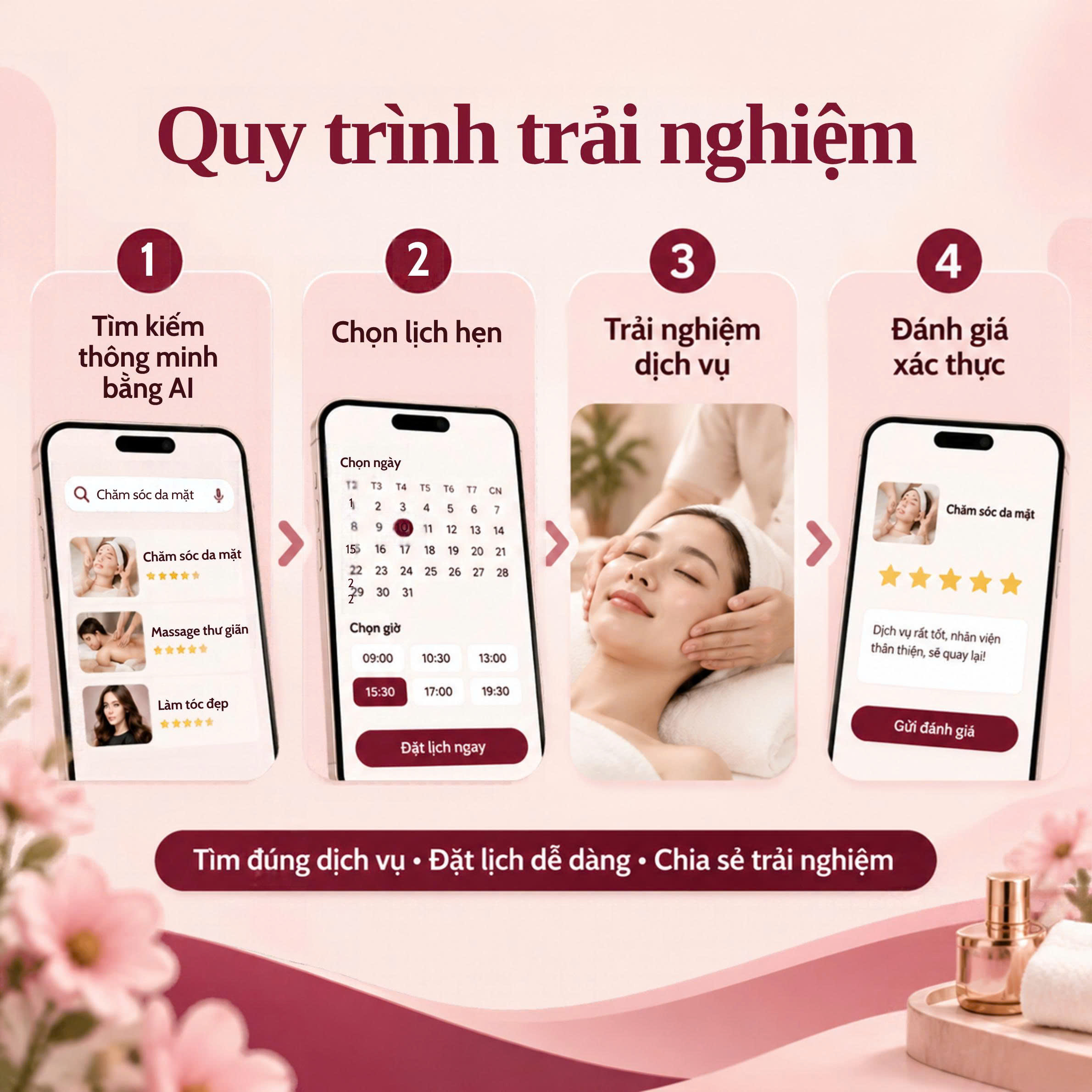 Poster infographic mô tả quy trình 4 bước: Tìm kiếm thông minh bằng AI, chọn lịch hẹn, trải nghiệm dịch vụ và đánh giá xác thực